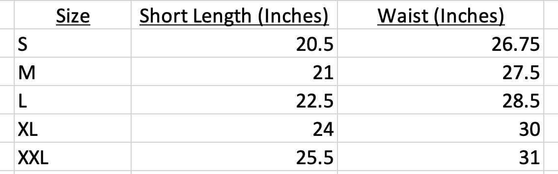 Shorts Size Chart Shorts